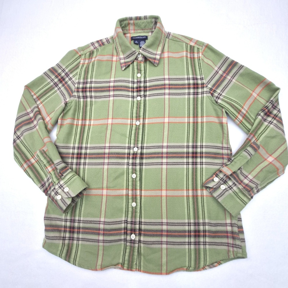 Lands End Flannel Shirt Womens Small Green Plaid Cotton Long Sleeve Soft